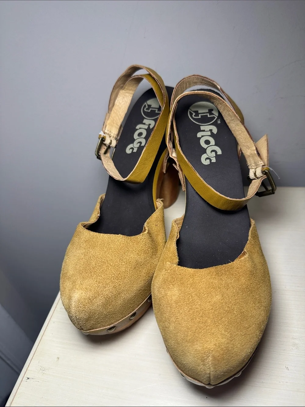 Flogg Women’s Mustard yellow leather suede wood Platform Mary Jane Heels